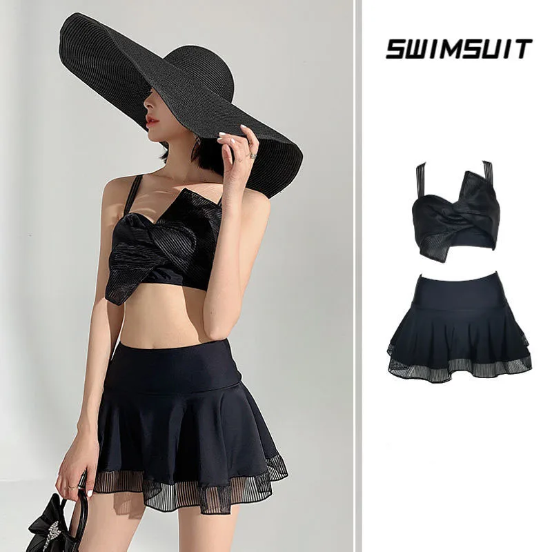 

Sexy Women Split Swimsuit Black Sleeveless Backless Bow Knot Camis with Mesh Mini Skirts Swimwear Summer Harajuku Bathing Suit
