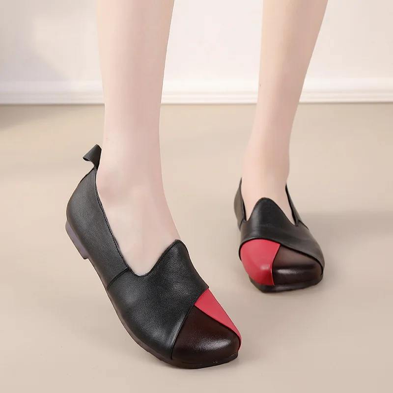 Vintage Patches Ballet Flats Women's Cowhide Leather Loafers Ladies Slip On Shoes Woman Chic Dressy Flat Shoes Female Moccasins