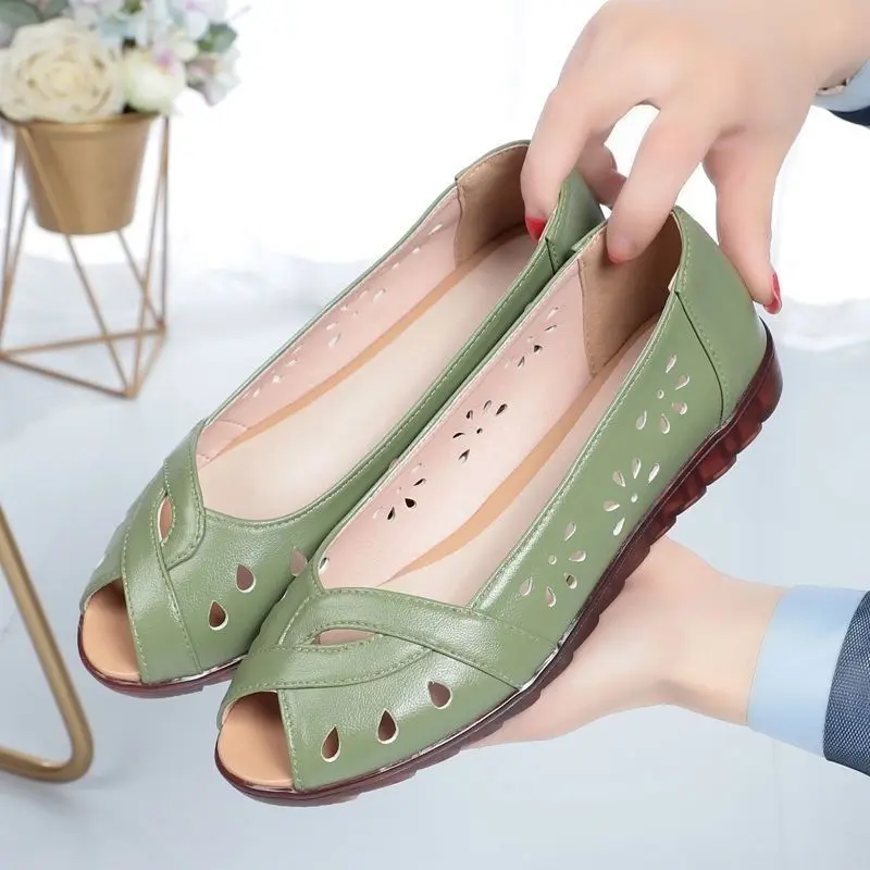 

Fashion Peep Toe Summer Women Sandals 2022 Breathable Hollow Out Wedge Leather Moccasins Soft Ladies Shoes