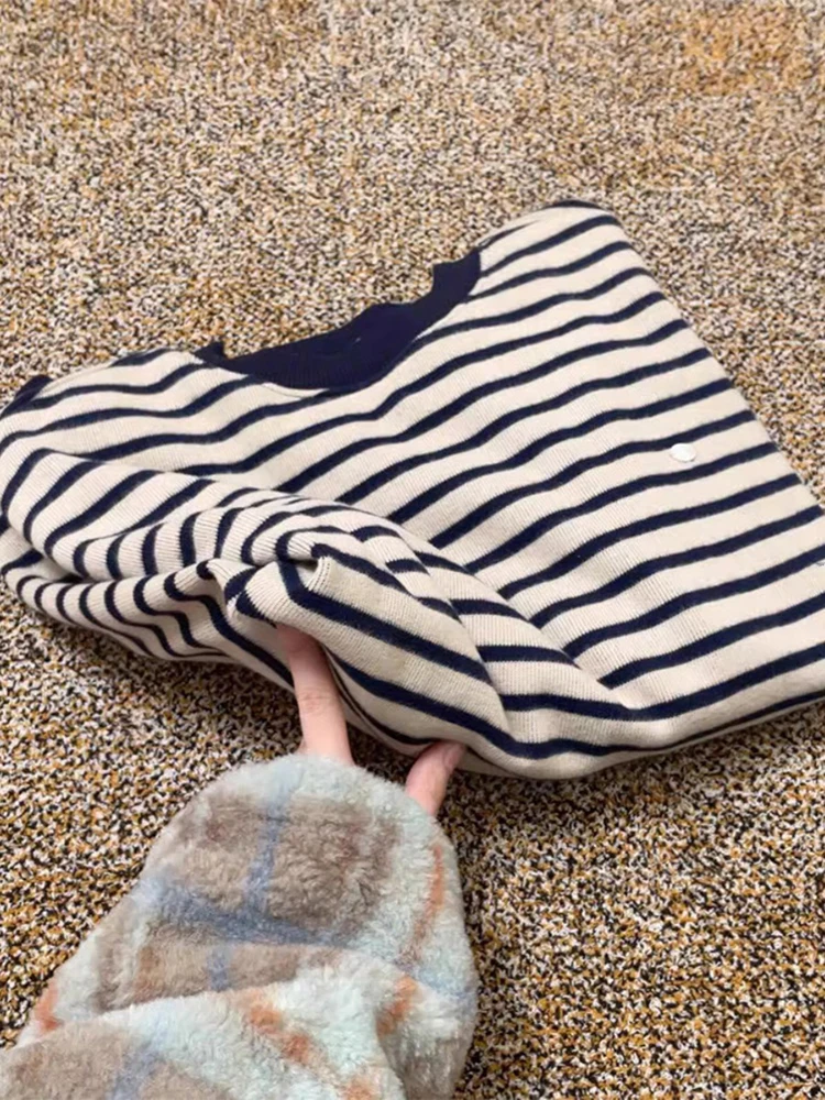 La Chabell полосатый свитер с круглым вырезом вязаный женский на осень и зиму 2024 новая