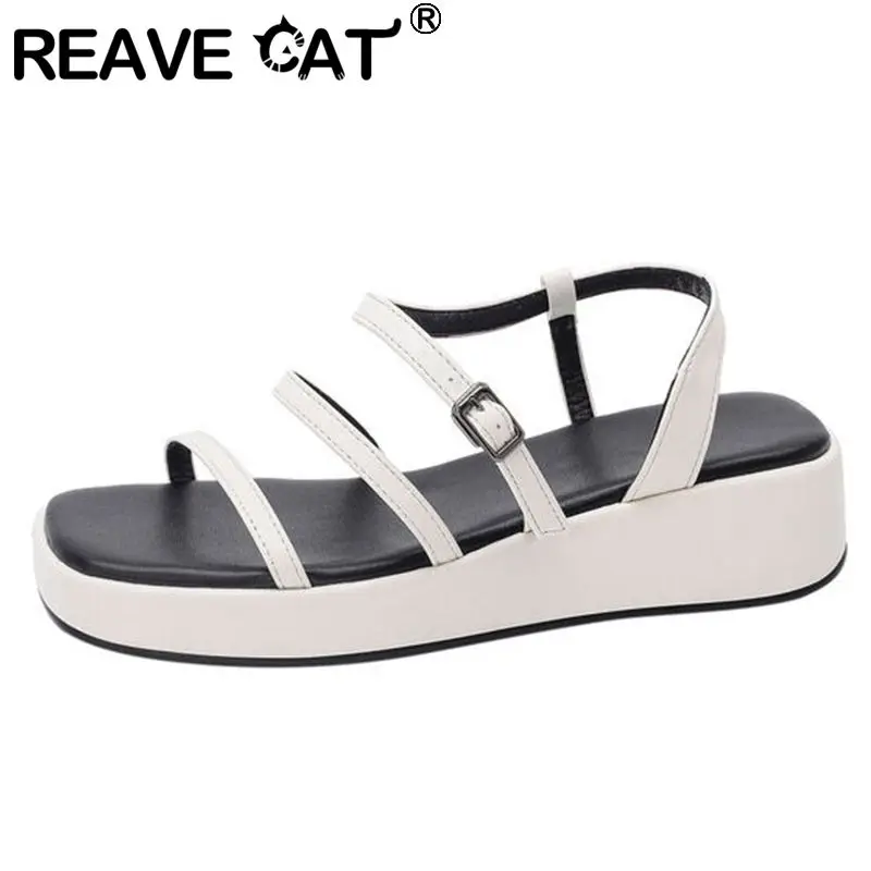 

Женские босоножки с открытым носком REAVE CAT, удобные повседневные сандалии на толстом каблуке и плоской подошве с пряжкой и ремешком, европей...