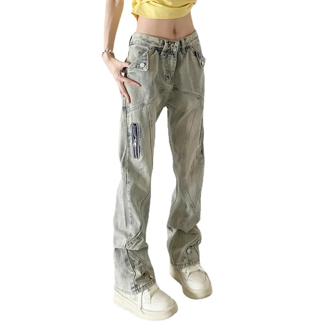 

Женские джинсы с молнией и множеством пуговиц, расклешенные брюки, легкие брюки-клеш из денима y2k с низкой талией, 2023, женская одежда, карго, хип-хоп