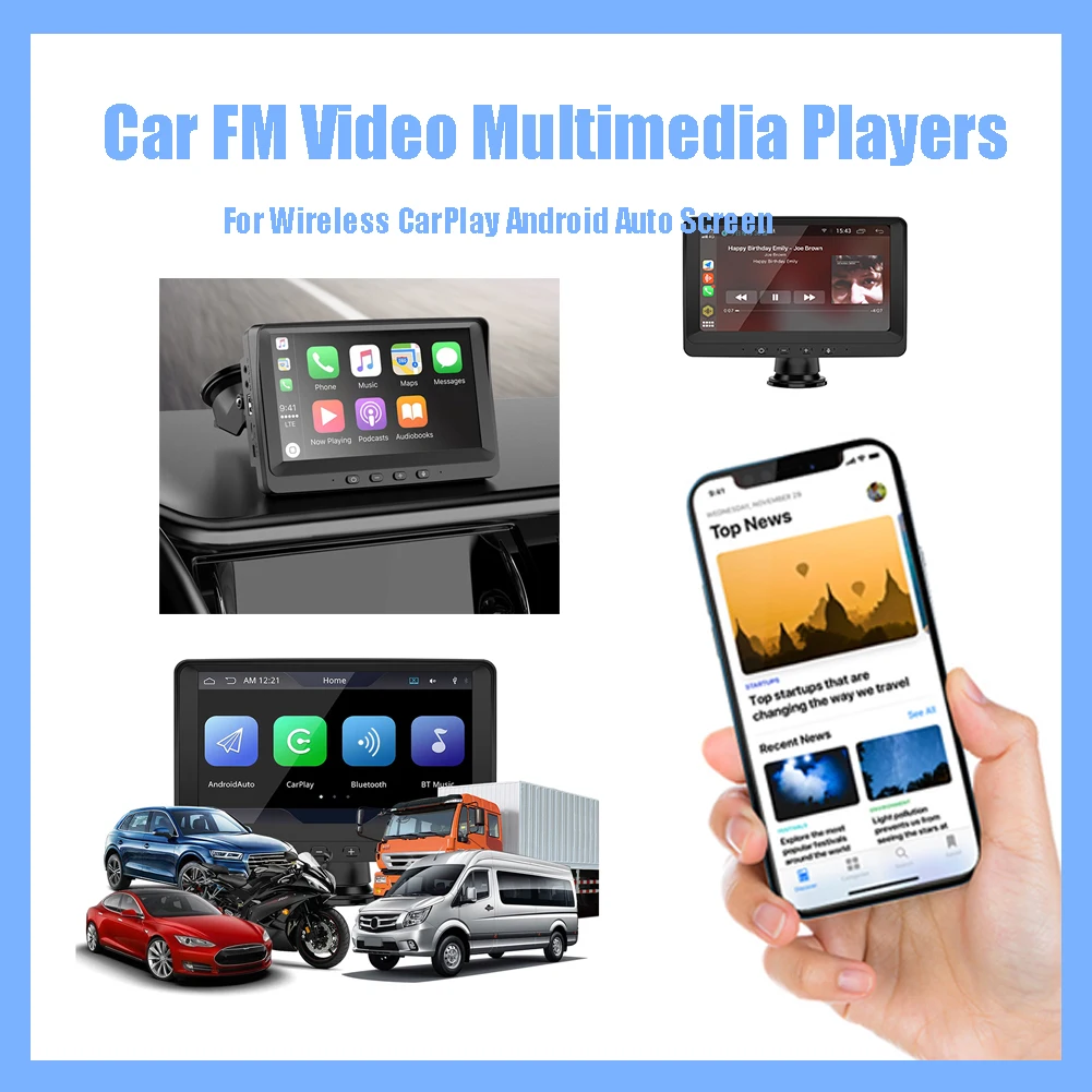 

7-дюймовый портативный беспроводной автомобильный навигационный монитор CarPlay Android, Bluetooth-совместимый автомобильный FM-радио, видео, аудио, му...