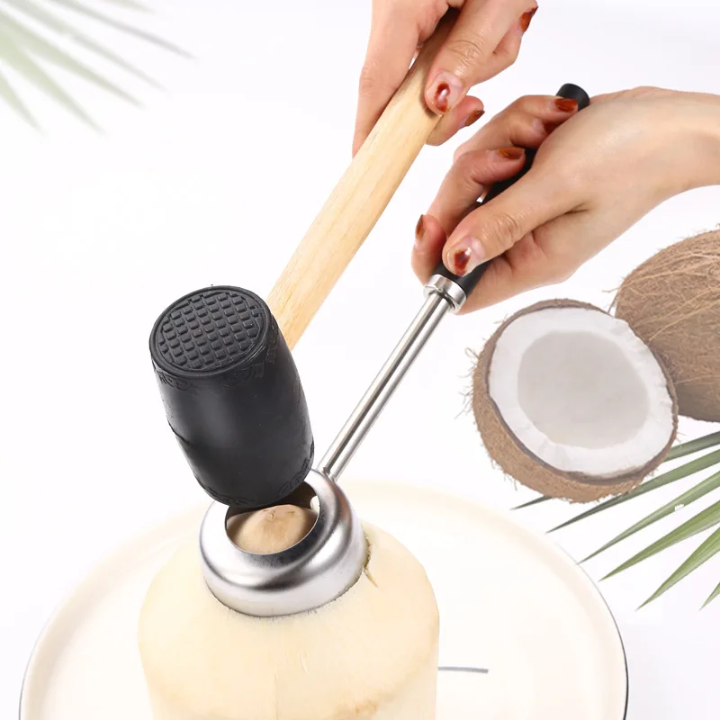 

Stainless Steel Coconut Opener Quick Coconut Opener Tool Set Coconut Meat Tool Wooden Handle Rubber Hammer Easy To Use Durable