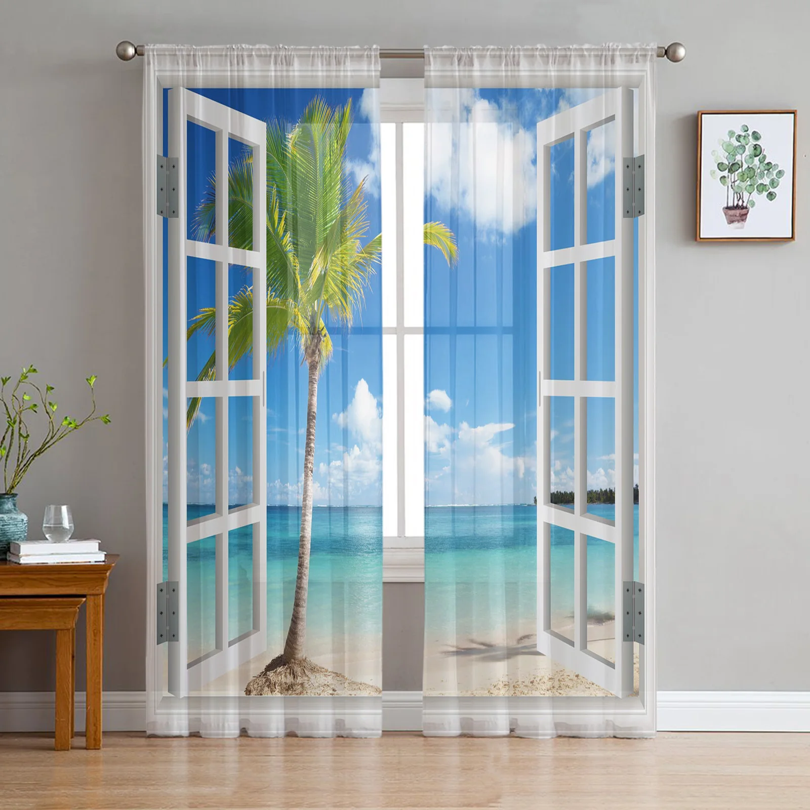 Seaside Beach Coconut Tree Window Sunlight Tulle Curtains for Living Room Decoration Chiffon Sheer Voile Kitchen Bedroom Curtain