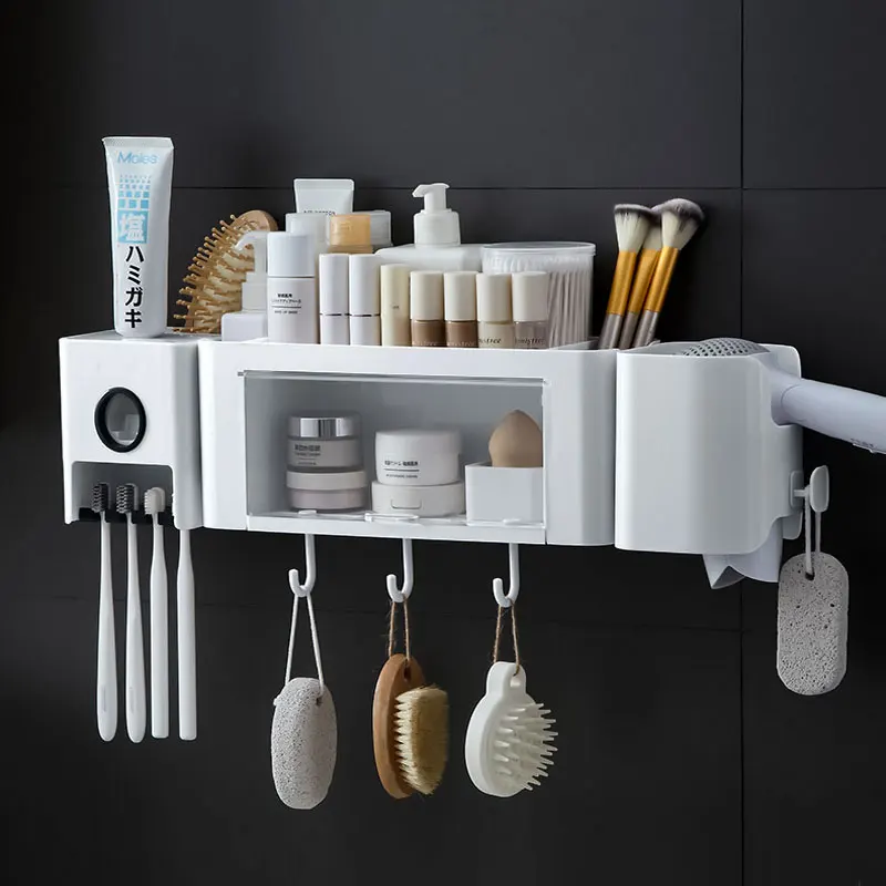

Hair Dryer Bracket Bathroom Organizer Shelf Storage Rack Home Accessories Item Toothbrush Holder Toothpaste Squeezer No Drill
