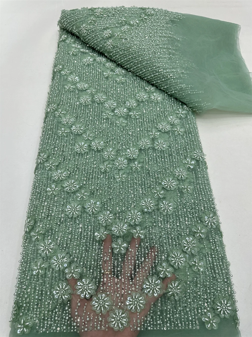 African Light Luxury Tulle Lace Fabric 5yards 2024 New High Quality Nigerian Sequins Beads For Sew Wedding