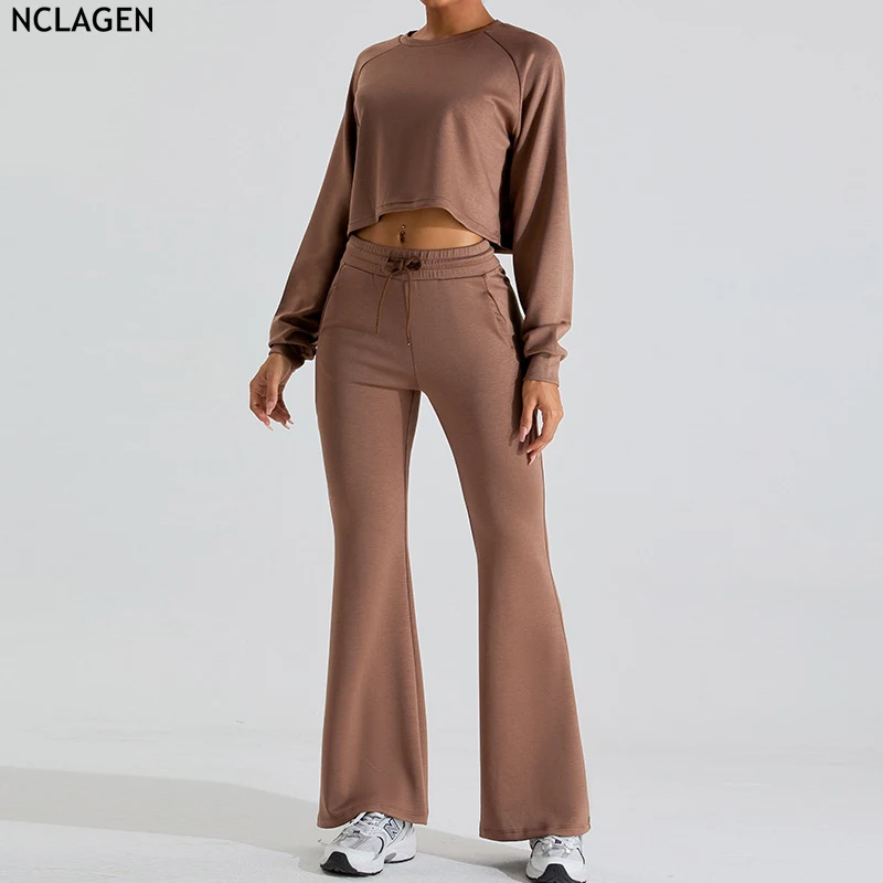 

NCLAGEN женская спортивная одежда осень и зима с длинным рукавом повседневные спортивные брюки набор Мягкие Рубашки для йоги широкие брюки для тренировок в тренажерном зале