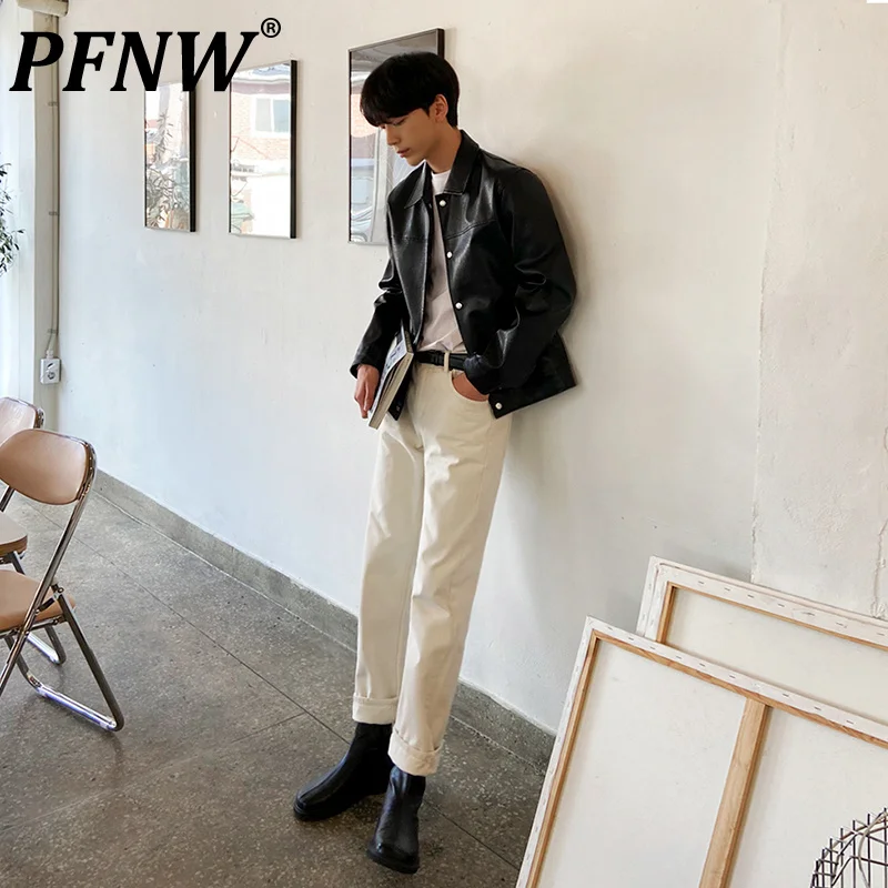 

PFNW Men's Darkwear Single Breasted PU Leather Jacket Korean Fashion Casual Autumn 2023 Vintage High Quality Black Coats 9Y4300