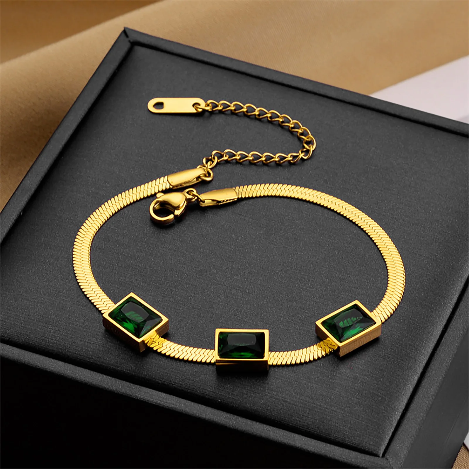 

Vnox Green Stones Bracelets for Women,Gold Color Stainless Steel Adjustable Herringbone Chain, Vintage Girls Jewelry