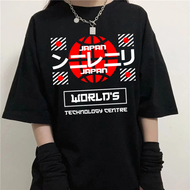 

Japanese Anime Women T Shirt Worlds Technology Center Letters Print Tshirt Women Short Sleeve O Neck T-shirt Lady Casual T Shirt