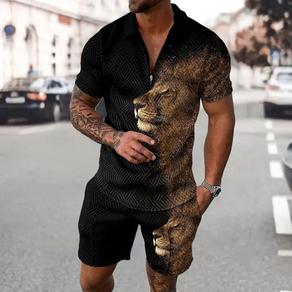 

2 Pcs/Set Chic Men Top Shorts Set Lightweight Loose Type T-shirt Shorts Suit Zipper Lapel Men Top Shorts Set