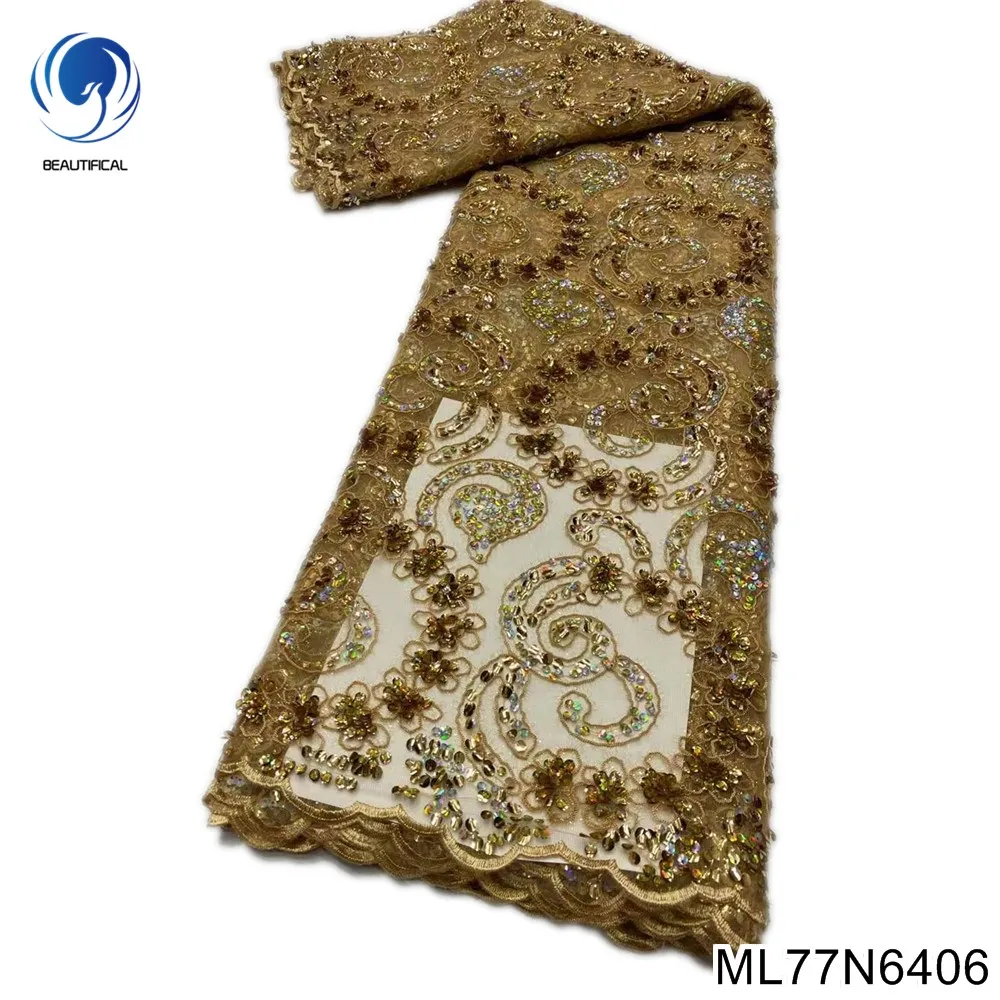 

Gold Line African Sequence Lace Fabrics 2022 High Quality Embroidery Tulle Lace With For Party ML77N64