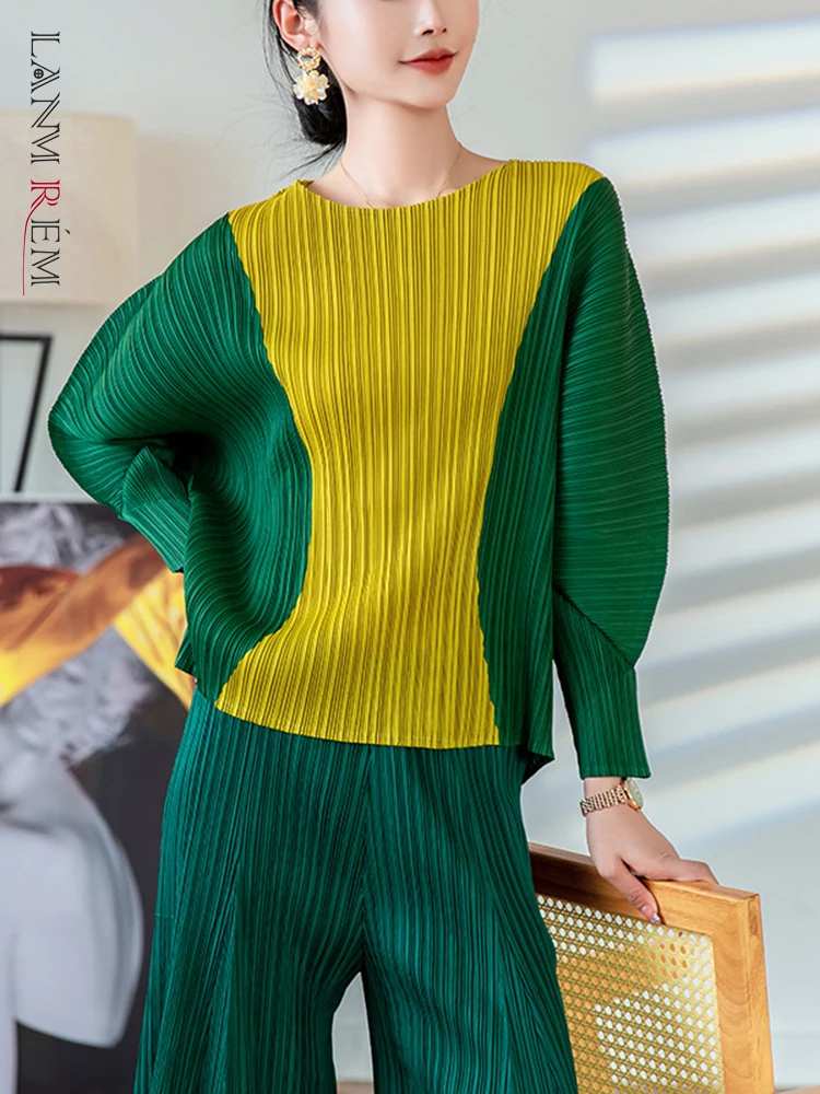 LANMREM 2022 Autumn And Summer New Contrast Color Pleated T-shirt Casual Round Neck Slim T-shirt Women's Fashion Top 2R1099