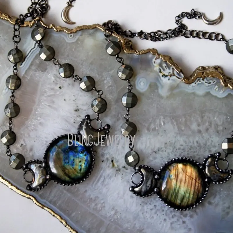 NM42363 Labradorite And Pyrite Triple Moon GoddessNecklace Labradorite And Pyrite Moon Phase Statement NecklaceHalloween Jewelry