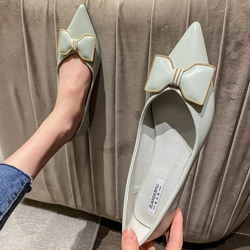 

Metal Chain Bow-knot Moccasins Femme Ballerina Loafers Sneakers Women Shoes Pointed Toe Soft Bottom Flats Woman Plus Size 42/43
