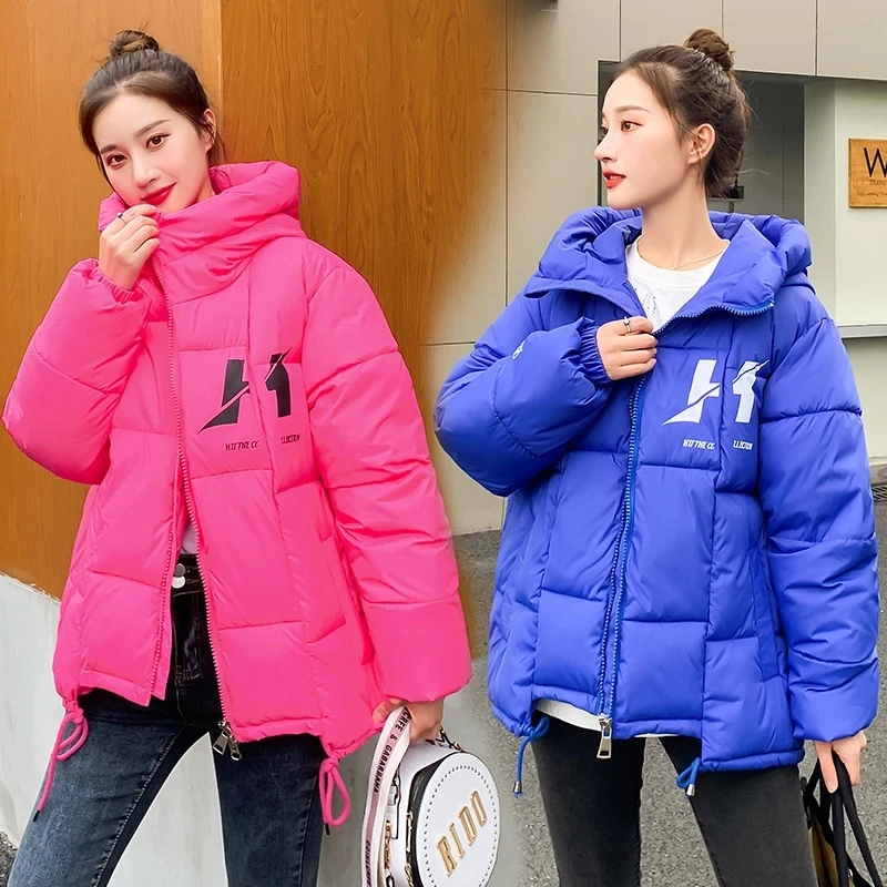 2022 New Klein Blue Loose Parkas Coat Women Hooded Cotton Padded Jacket Winter Letter Jacket Women Winter Warm Thick Cotton Coat