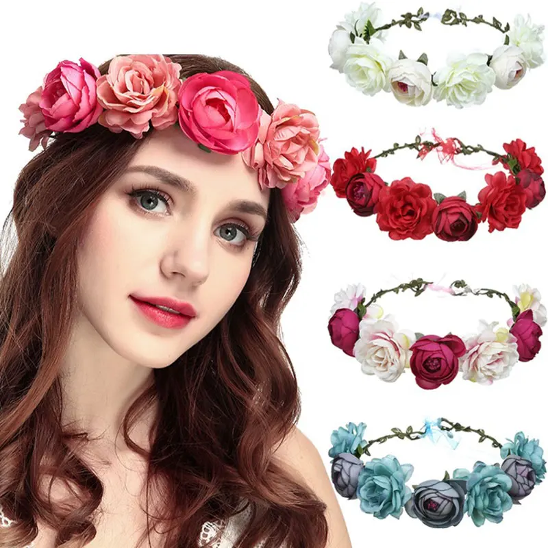 

Bride Flower Crown Hairband Rope Wedding Floral Headband Garland Girl Wreath Elastic Hair Accessories Party Cosplay Headpiece