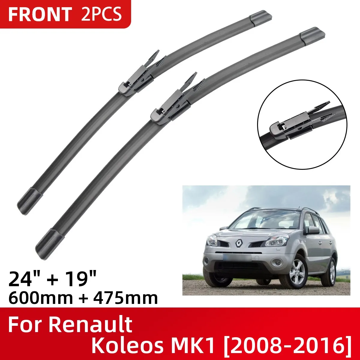 

Front Wiper Blades For Renault Koleos MK1 2008-2016 Windshield Windscreen Window 24"+19" 2009 2010 2011 2012 2013 2014 2015 2016