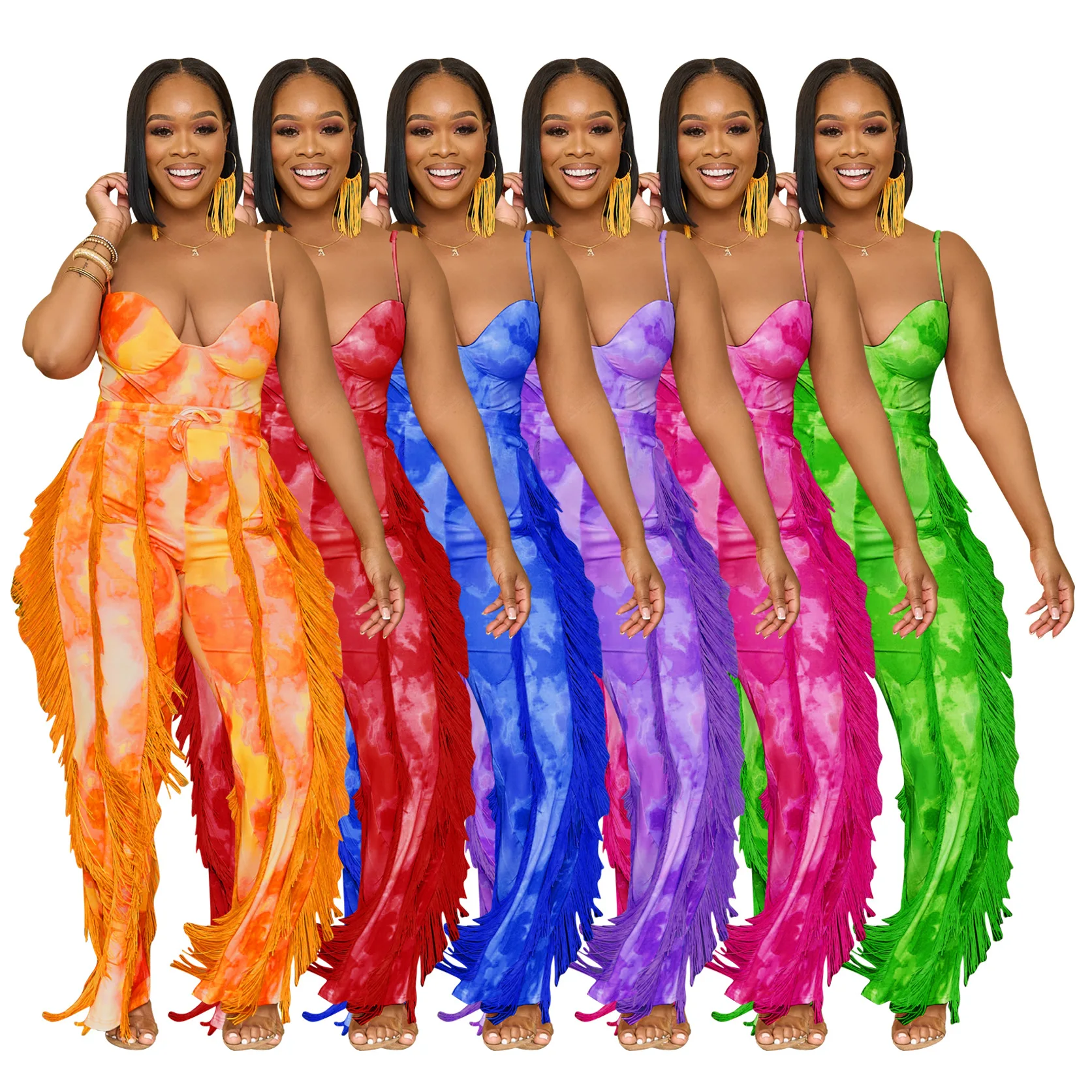 

Summer Tie Dye Print Tassel 2 Piece Set Sexy Sling V Neck Bodysuit Top + Pants Slim Lady Club Outfits Casual Outwear Y2K Suits