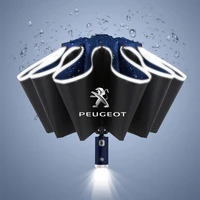 automatic umbrella with reflective reverse led light 10 ribs 3 folding for peugeot logo 108 406 407 408 206 207 208 306 307
