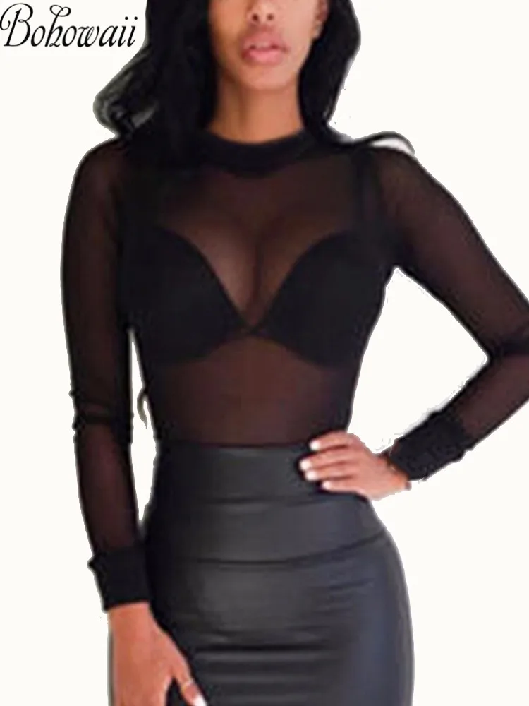 

BOHOWAII T-shirts Blusas Elastic Mesh Thin Bottoming Shirt Long Sleeve Blouses Sexy Outfits for Woman
