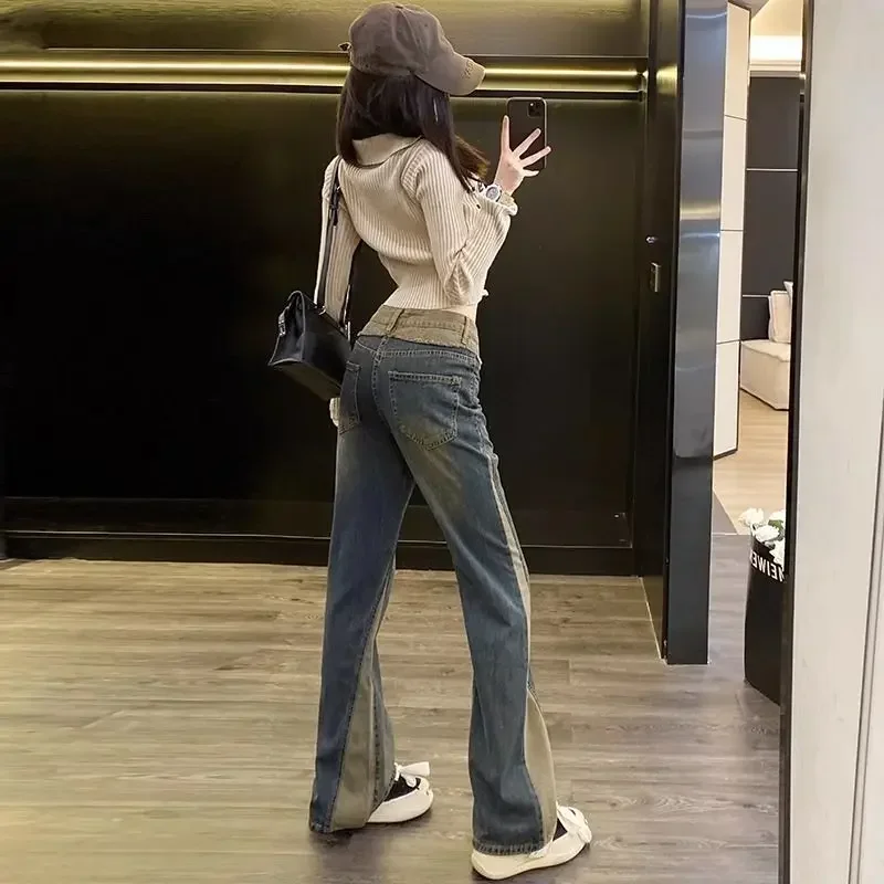 Брюки-клеш контрастных цветов женские расклешенные джинсы с высокой талией