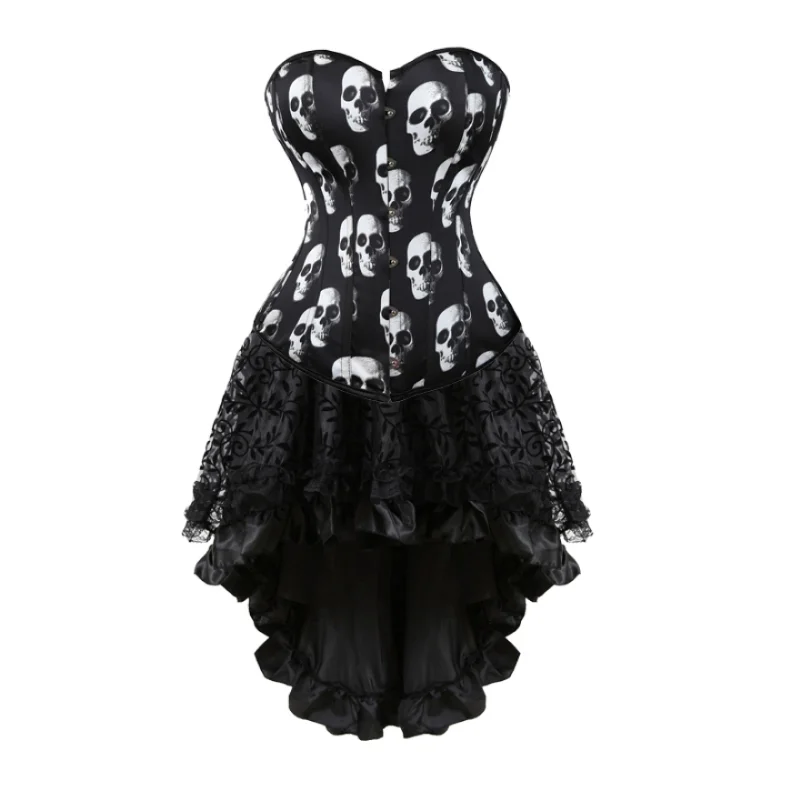 

Gothic Vintage Satin Women's Overbust Corset Dress with Skull Lingerie Top and Asymmetric Floral Lace Skirt Set, Plus Size