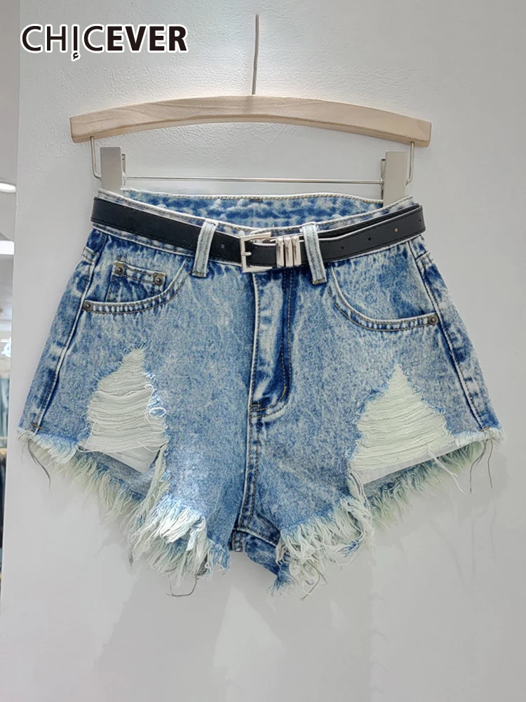 

CHICEVER Streetwear Denim Shorts For Women High Waist Hole Hollow Out Patchwork Belt Raw Hem Loose Short Trousers Female Summer