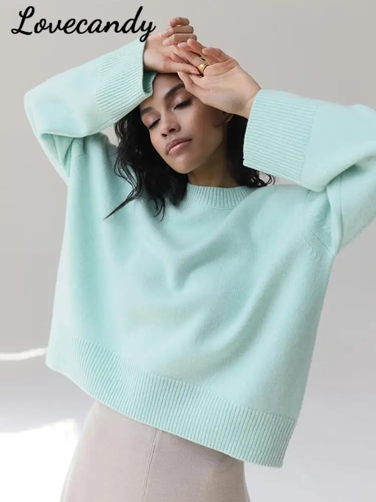 

Elegant Women Sweaters Oversized Knitted Solid Casual Pullovers 2022 Autumn Winter O-Neck Loose Long Sleeve Female Jumper Tops