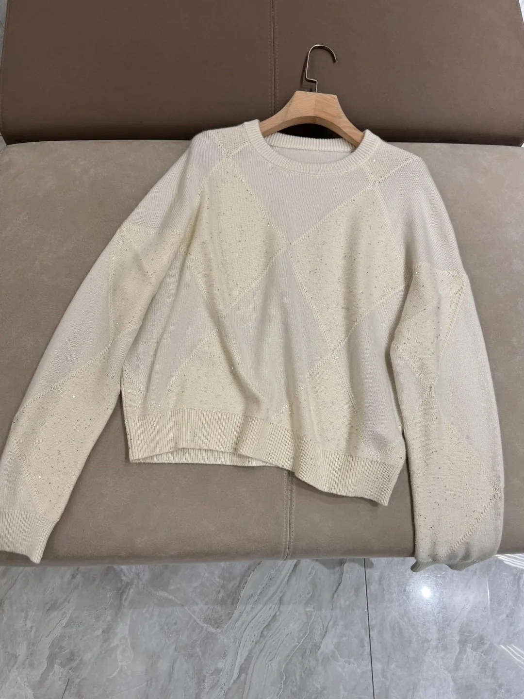 Женский кашемировый свитер с ромбическими пайетками и круглым вырезом B * C