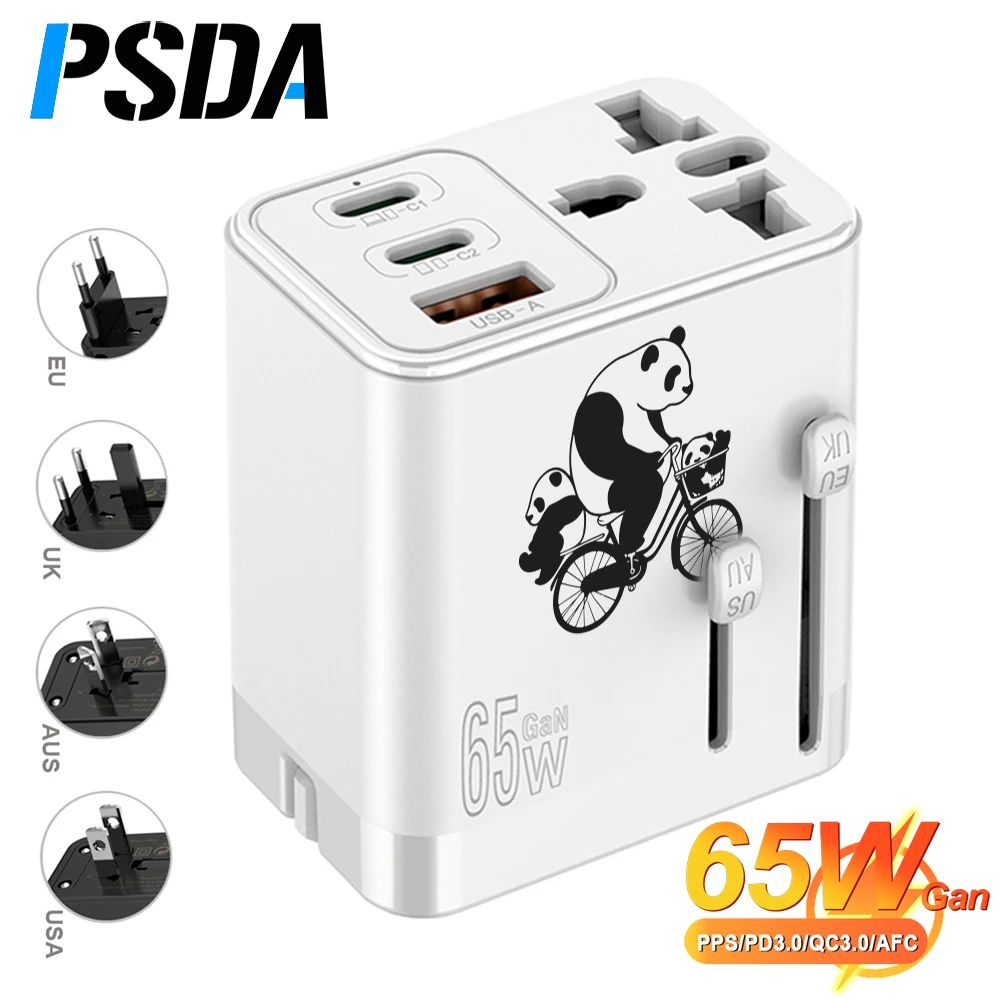 

PSDA 3D UV 65W GaN Travel Plug Adapter with 2USB-C PD and 1USB-A Worldwide Universal Charger UK EU AU US Converter for Laptops