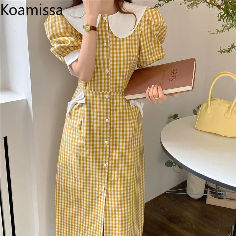 

Koamissa Vintage Summer Long Dress Puff-sleeved Sweet Peter Pan Collar Student Dresses Korean Loose Plaid Vestidos Dropshipping