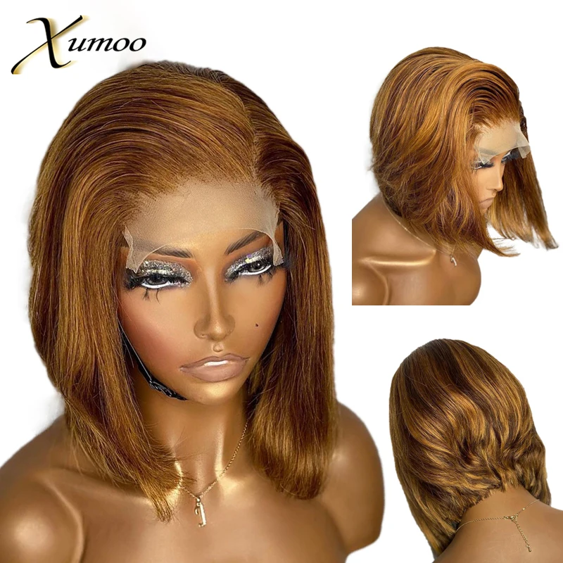Short Bob Wave Honey Blonde Color Glueless Transparent 4X4 Closure Lace Frontal Human Hair Wigs for Black Women Preplucked Remy