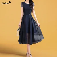 popularity elegant fashion chiffon empire solid color dress slim summer womens clothing pure simple grace a line skirt