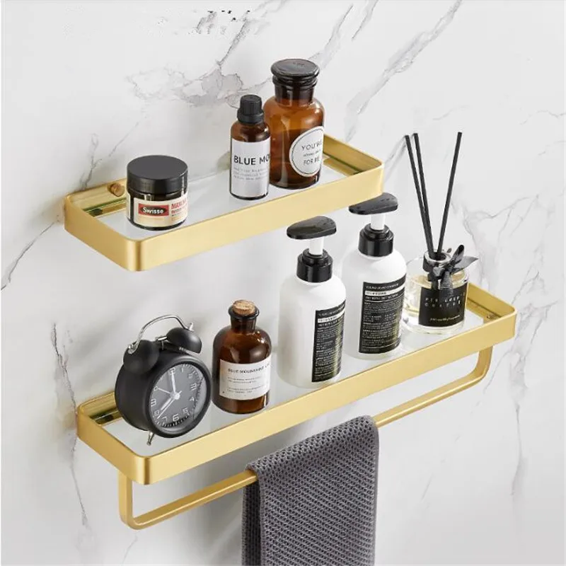 

Bath Shower Shelf Tiqiu Bathroom Shelf Wall-mounted Storage Rack Towel Bar Brushed Gold Glass Aluminum Kitchen Storage Holder