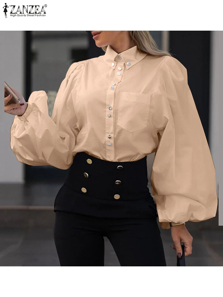 

ZANZEA Fashion Solid Color White Blouses Women Lapel Puff Sleeve Shirts 2023 Spring Button Down Pocket All-Match Commute Tops
