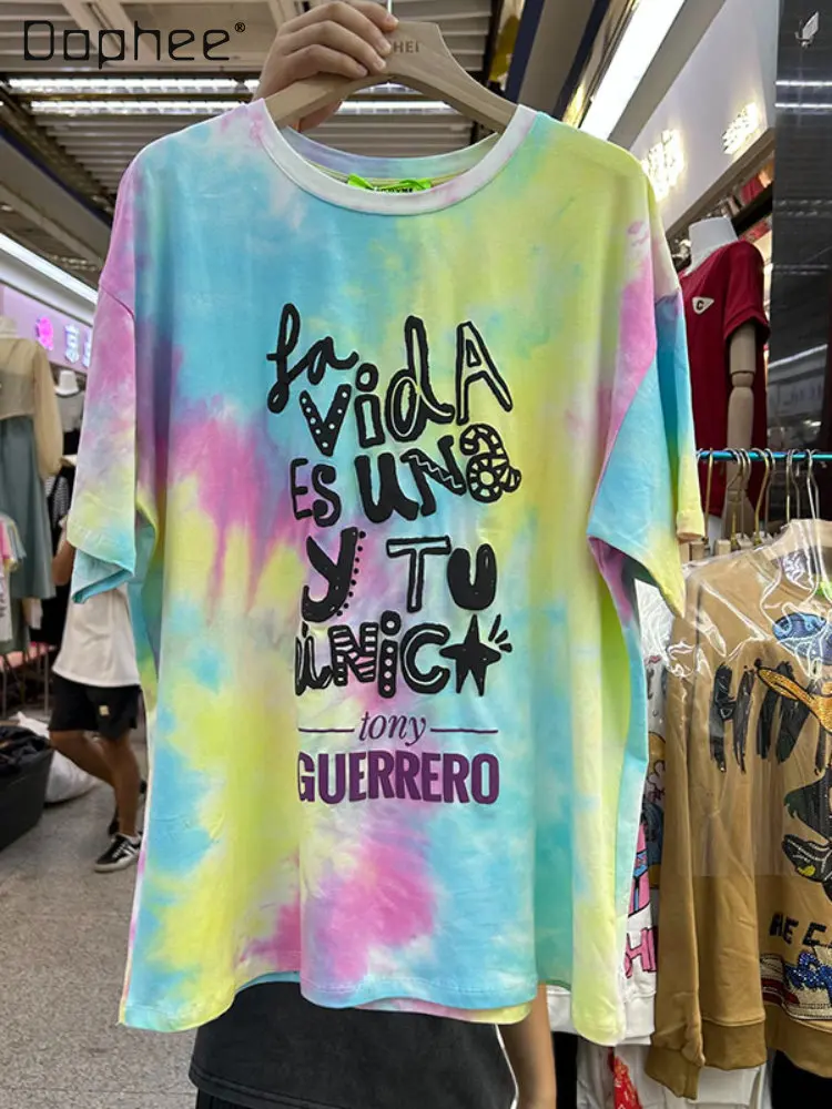 

Letter Bubble Print Tie-Dye Short-Sleeved T-shirt for Women Summer Pullover Baggy Fashion Top Kawaii Clothes Graphic T Shirts