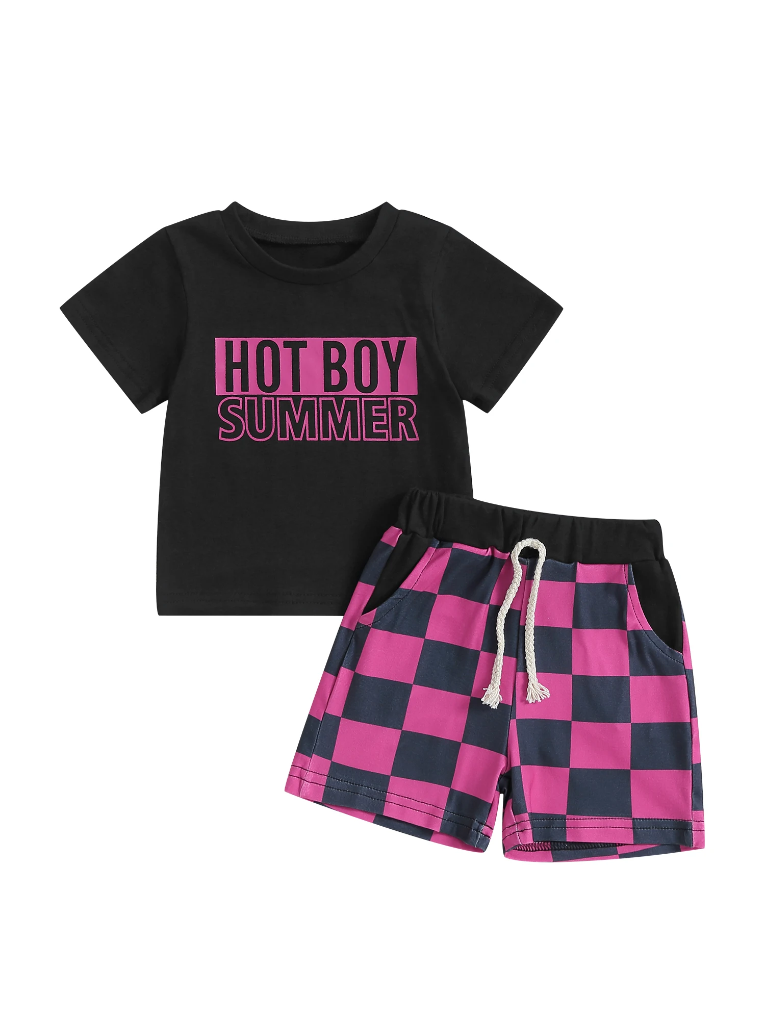 

Adorable Baby Boys Summer Set with Letter Print T-Shirt and Checkerboard Shorts - Elastic Waistband for Comfort and Style