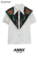 women blouses 2022 summer new elegant embroidered shirts high grade womens french broadcloth polo collar short sleeve white top