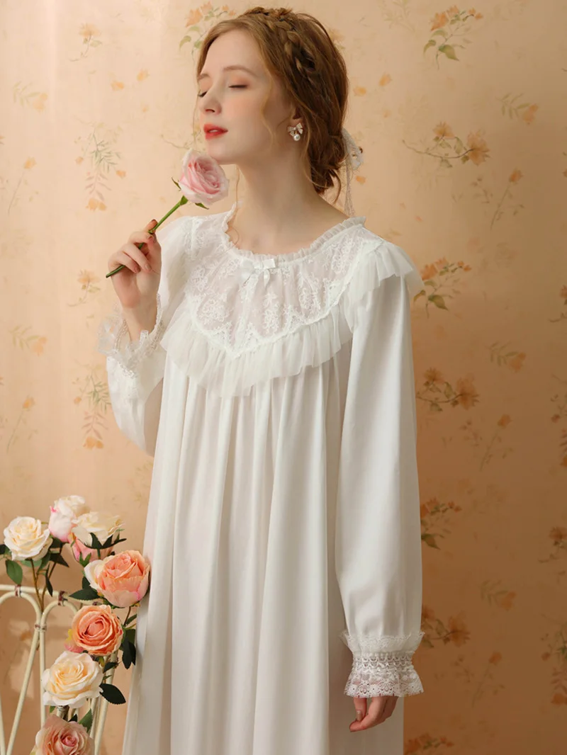 Victorian Princess Lolita Pajama Night Dresses Women Spring Cotton Vintage Long Sleeve Nightgowns Sweet Loose Fairy Sleepwear