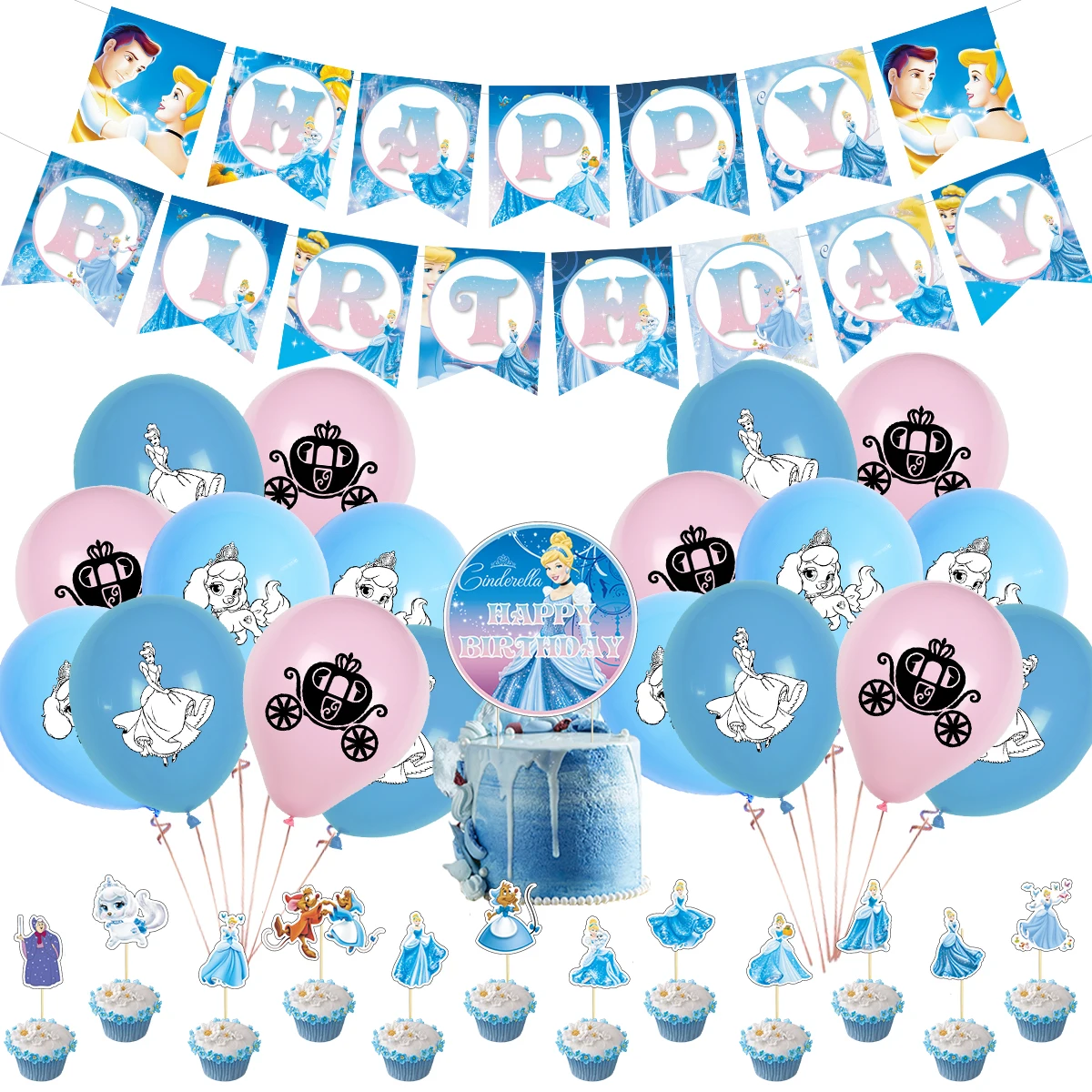 

1set Disney Cinderella PrincessKids Girl Happy Birthday Party Decoration Latex Balloon Banners Cake topper Baby Shower Suppies
