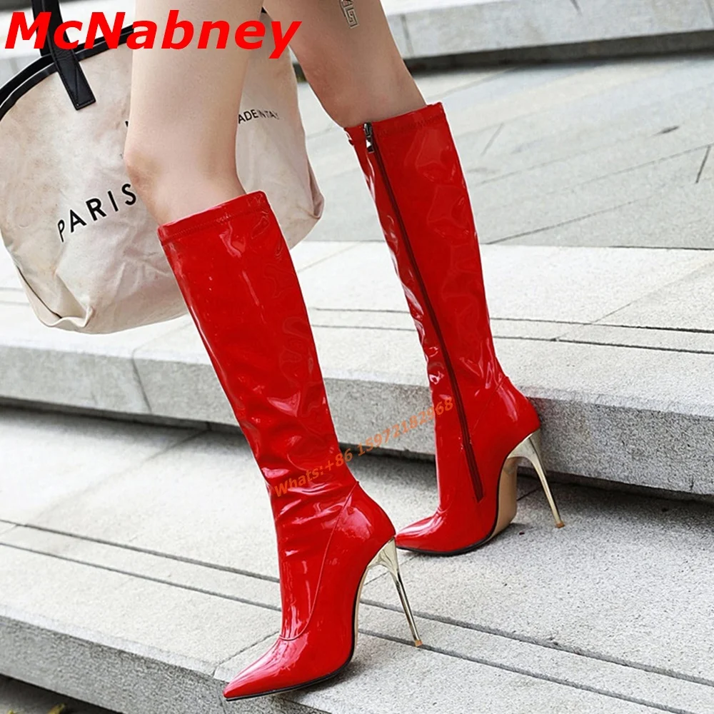 Sexy Pointed Toe Patent Boots Knee High Solid Women Shoes Solid Side Zipper Big Size Spring Autumn Shoes Fitted Banquet Boots