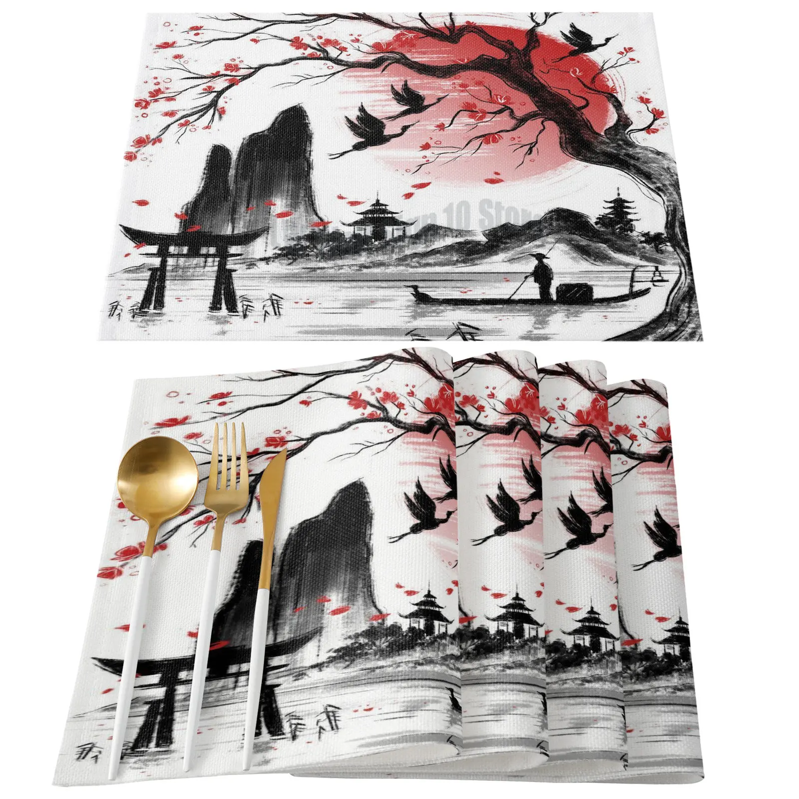 

4/6 Pcs Placemat Japanese Landscape Table Mat For Dining Table Kitchen Accessories Coffee Tea Coaster