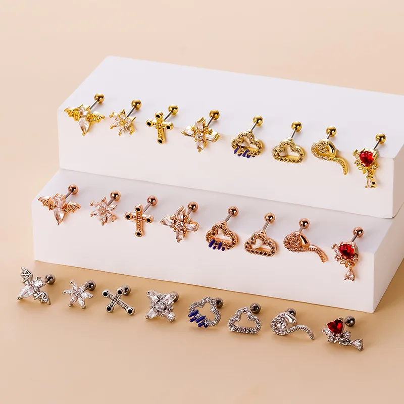 

1Piece 20G Stainless Steel Thick Rod Cartilage Earrings for Women Trend Zircon Bat Cross Cloud Stud Earring Ear Piercing Jewelry