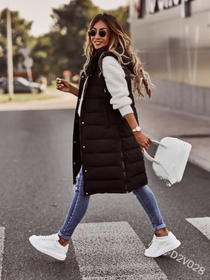 

Sleeveless Winter Jacket Women 2022 Midi Coats Down Vest Keep Warm Elegant Black Hooded Street Hipster Lady Cotton Overcoat