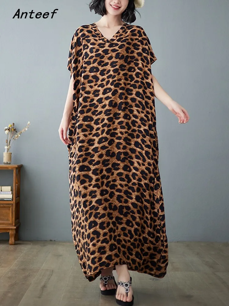 

short sleeve oversize satin vintage leopard dresses for women casual loose maxi long summer beach dress elegant clothes 2022