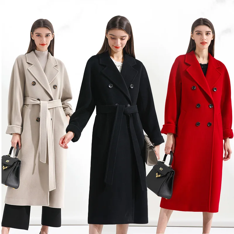 

Женское длинное шерстяное пальто, повседневная двубортная куртка из искусственной шерсти, черная одежда в Корейском стиле на осень и зиму