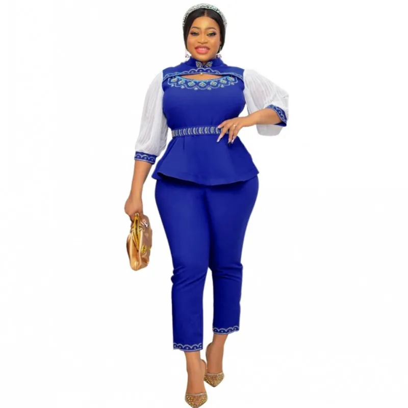 

African Clothes For Women 2 Piece Set Splice Lantern Sleeve Tops Outfits Summer New Diamond Fashion African OL Pants Suits Sets