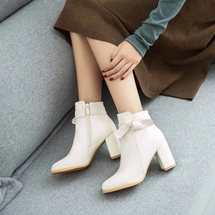

Fashion Butterfly-knot Women Boots Big Size Round Toe Ankle Boots High Heel Block Autumn Summer Western Boots Leather Shoes